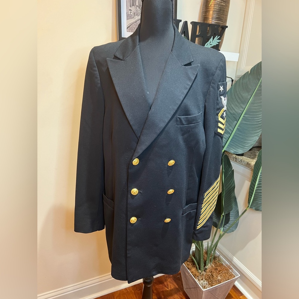 VTG US Navy Black Double-Breasted Jacket with Gold Accents XL.